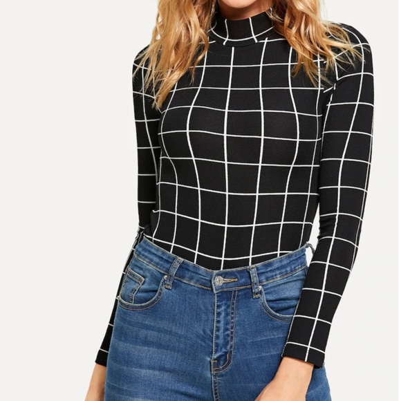 NWT Grid Fitted Long Sleeve T Shirt Black & White - Picture 3 of 5